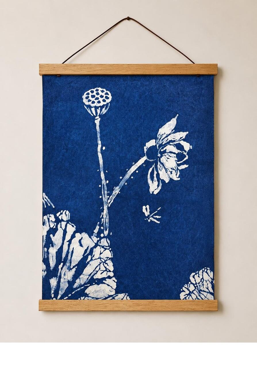 Handmade Textile Wall Art | Indigo Batik Lotus | Oriental Zen Decor | Botanical
